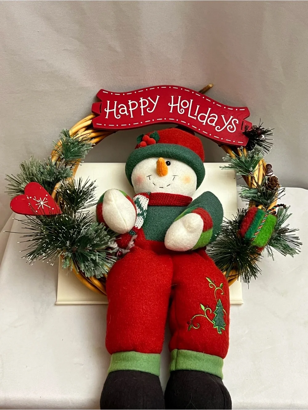 Happy Holidays Snowman Christmas Wreath Plush Door Wall Hanging Decor 12 Inch